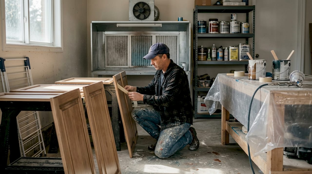 Cabinet painter prepping doors in Ottawa studio