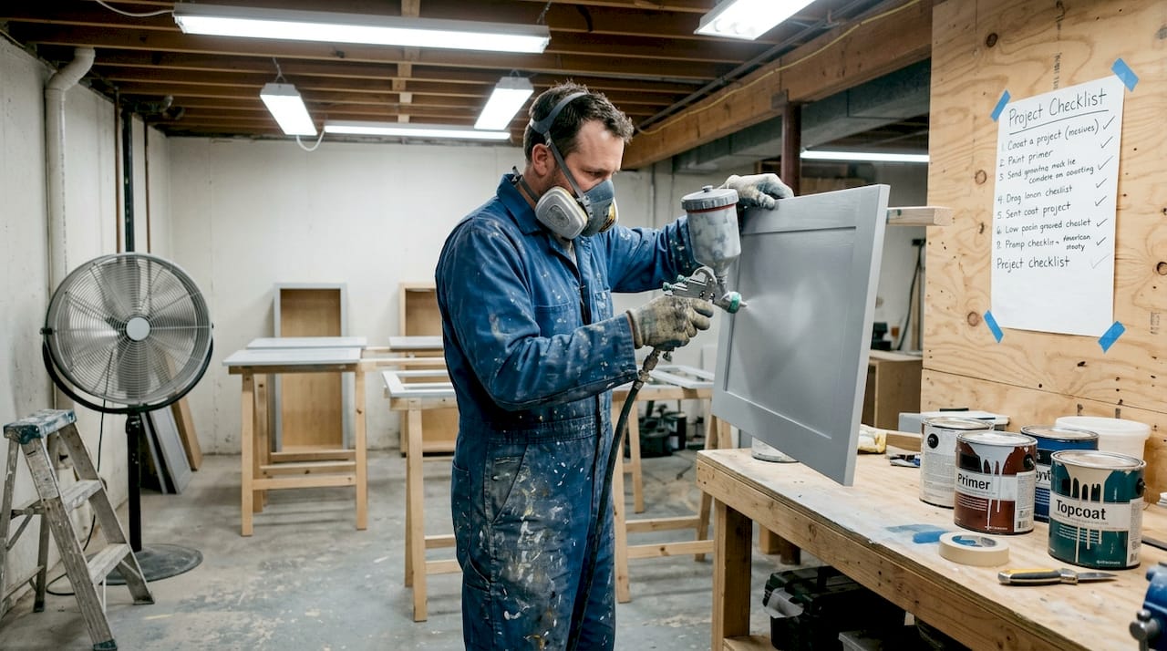 Professional spraying cabinet door in workshop