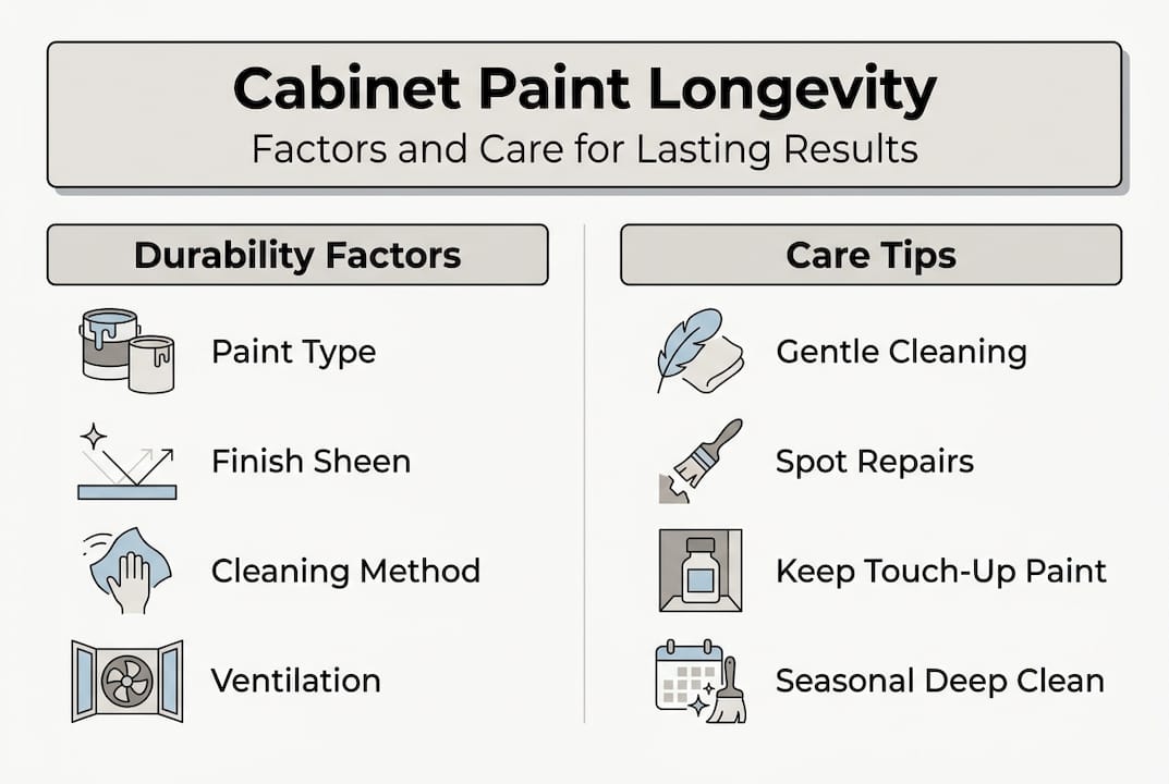 Infographic showing cabinet paint durability factors and care
