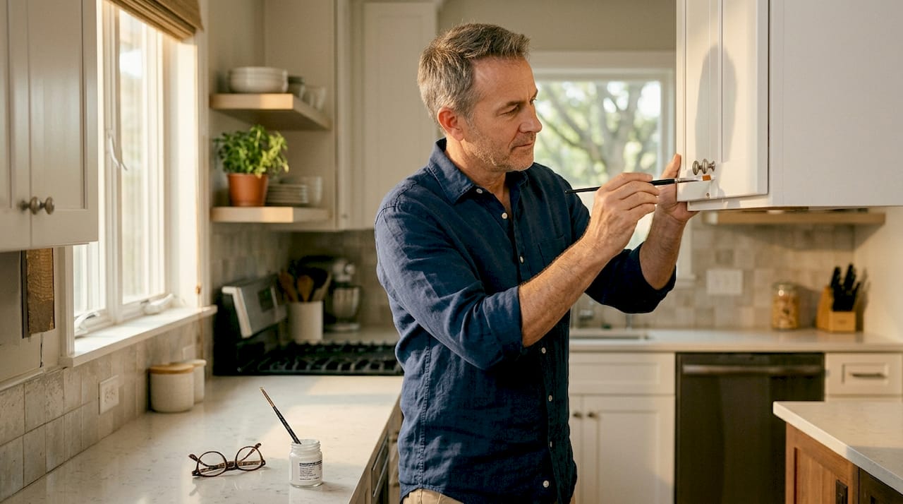 Man repairs chipped kitchen cabinet paint