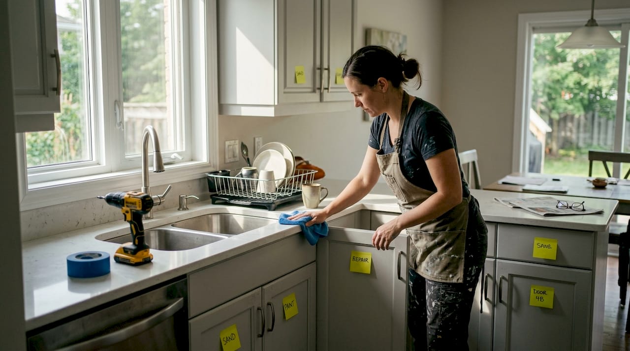 Painter prepping kitchen cabinets before painting