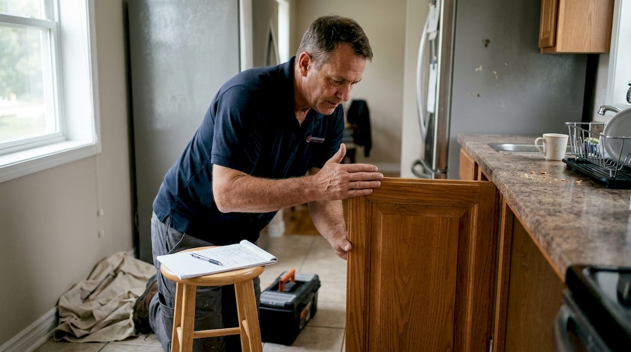Technician inspecting cabinets after reinstallation