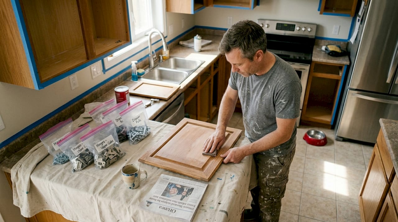 Painter prepping Ottawa kitchen cabinets for painting