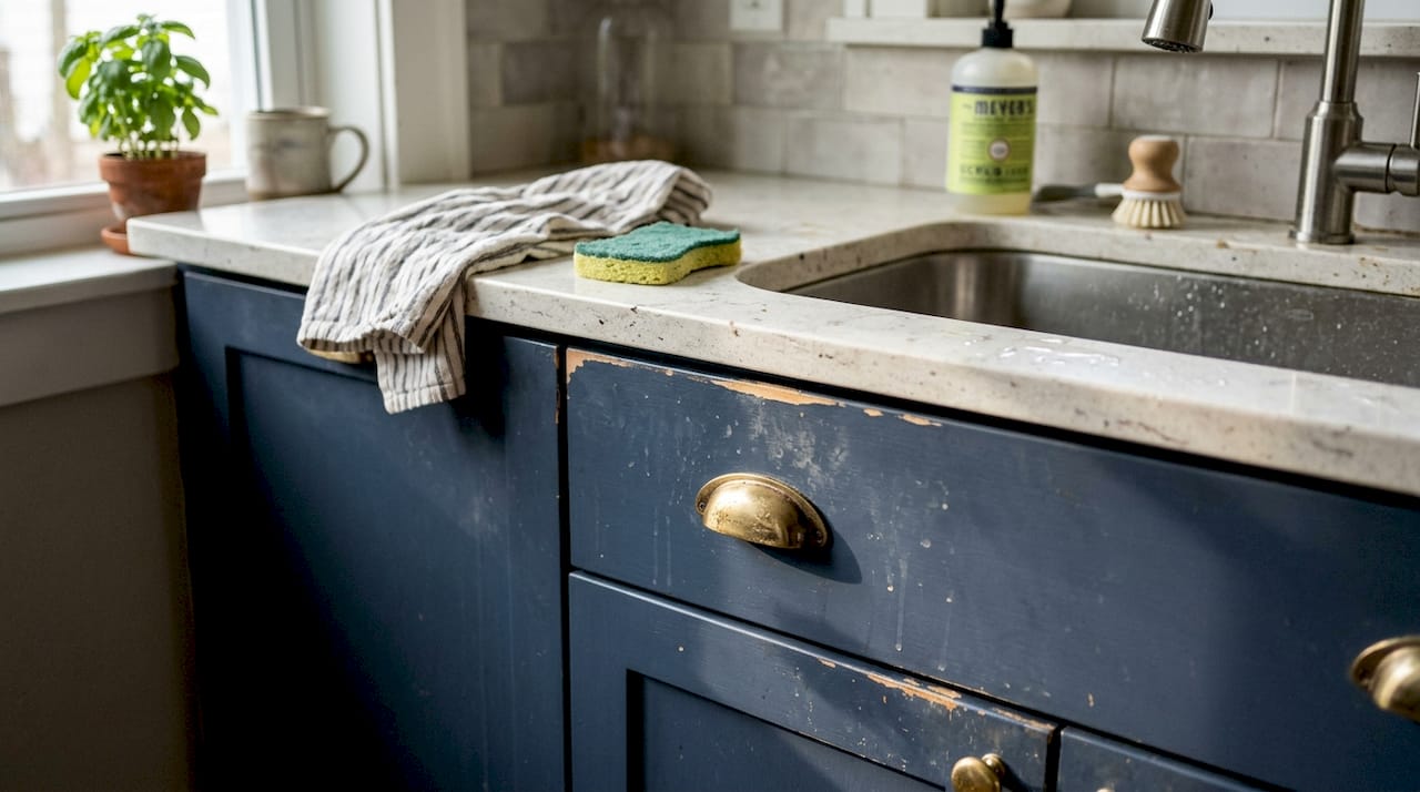 Worn paint on kitchen cabinet handles