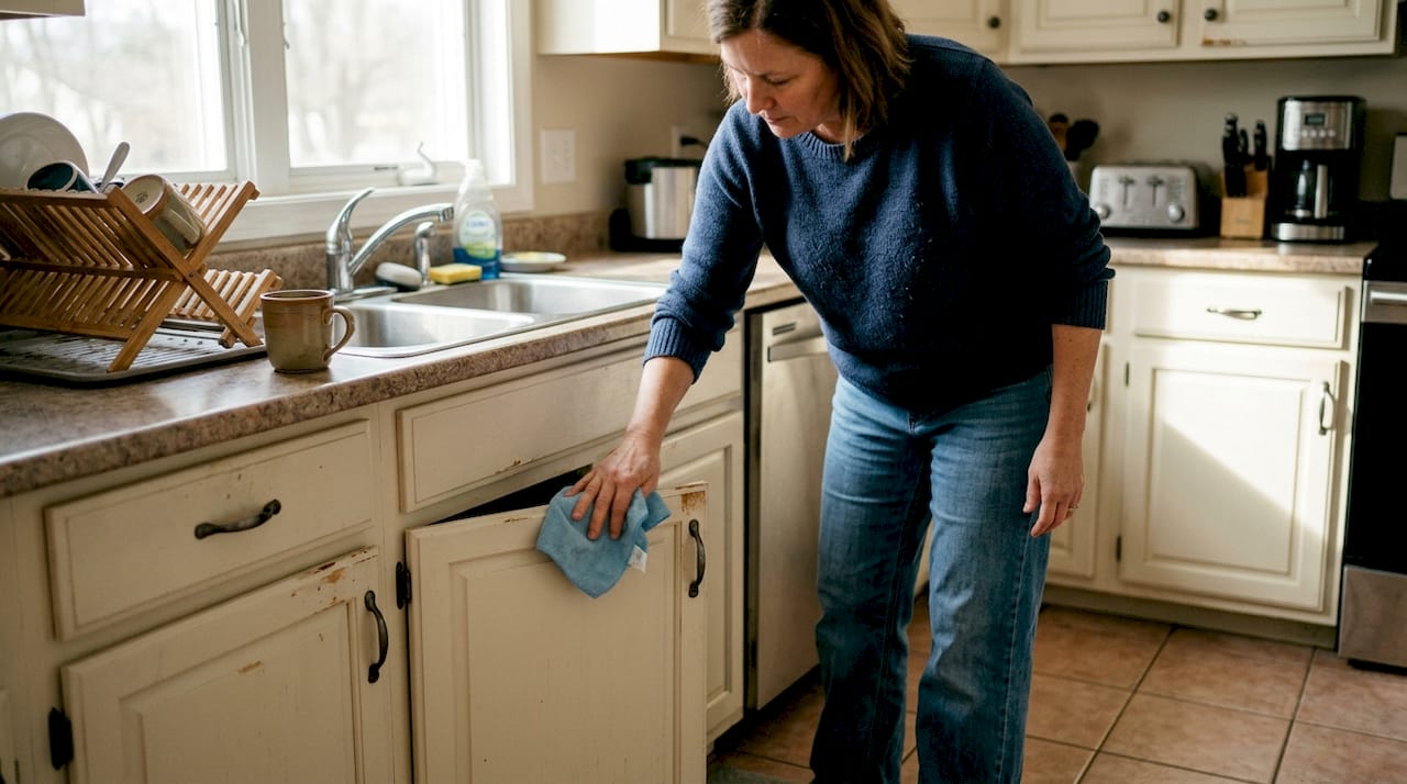 Homeowner cleaning painted kitchen cabinets