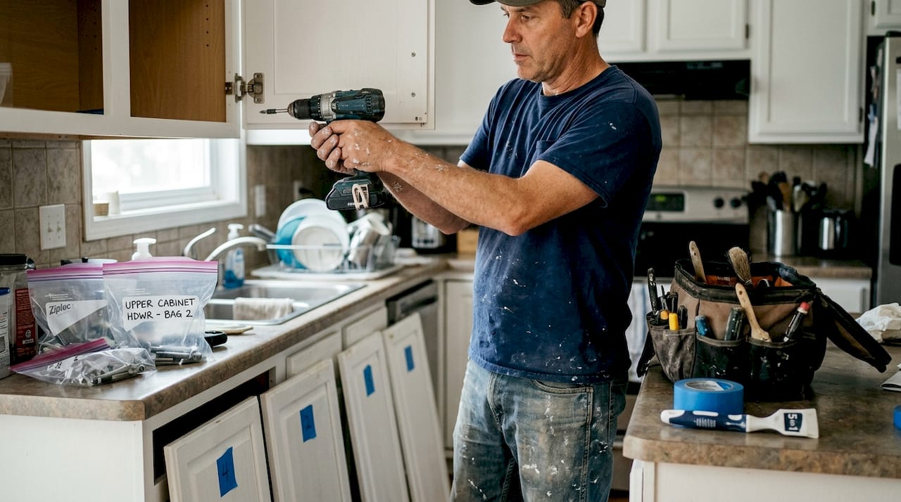 Painter prepping kitchen cabinets for painting