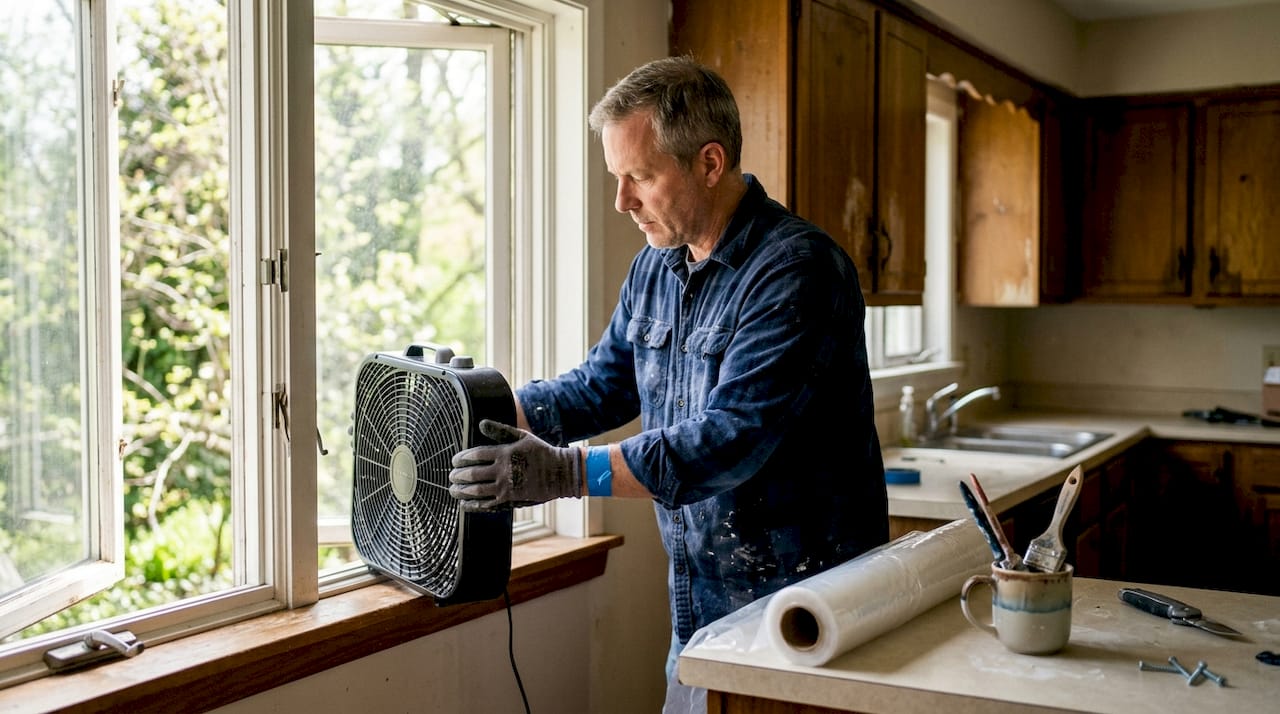Man sets up fan for cabinet ventilation