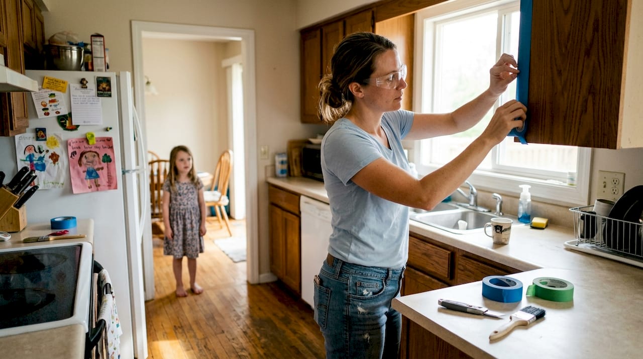 Woman taping cabinets with child nearby