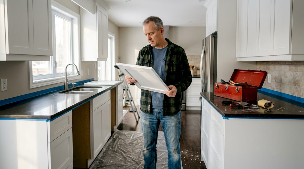 Homeowner inspecting freshly refinished Ottawa kitchen cabinets