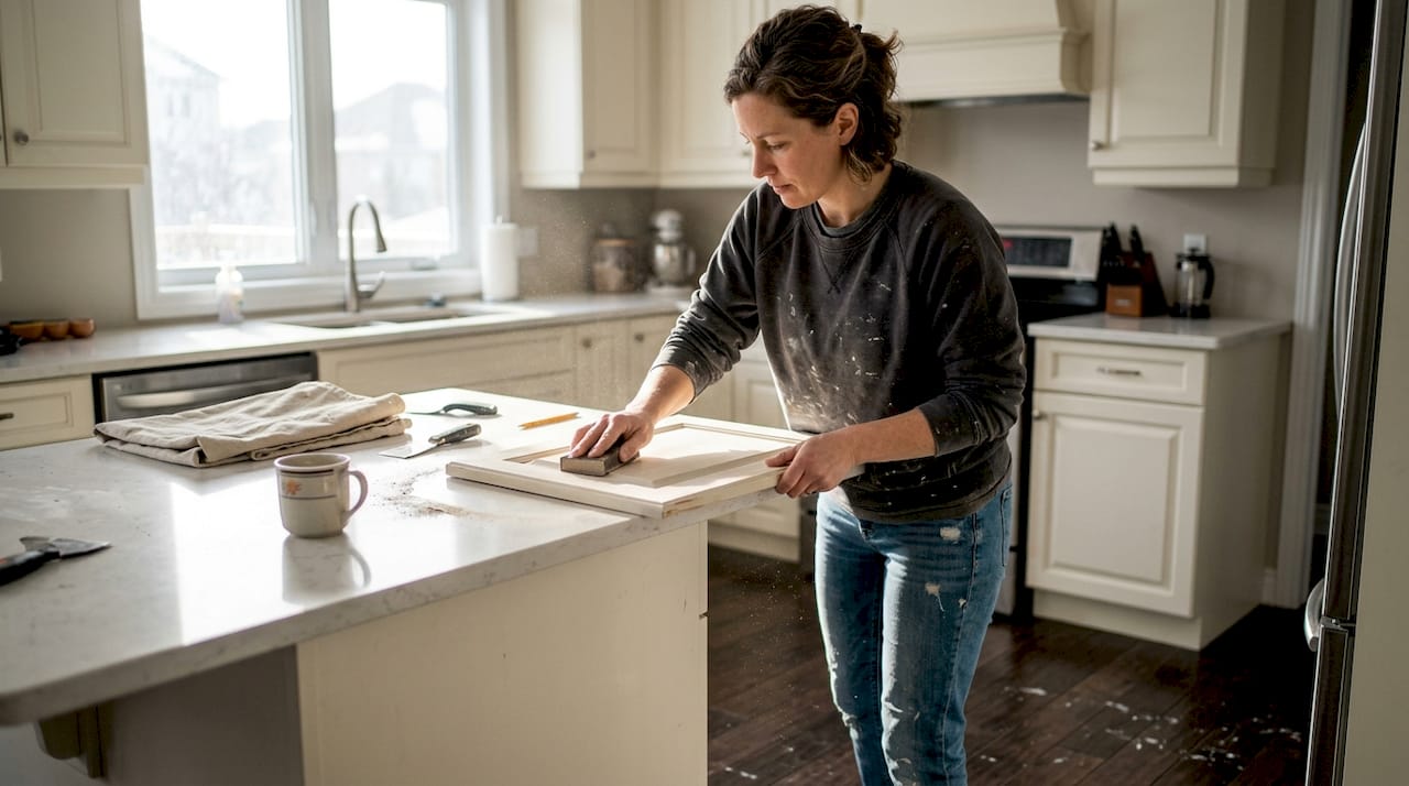 Homeowner sanding kitchen cabinet for repainting
