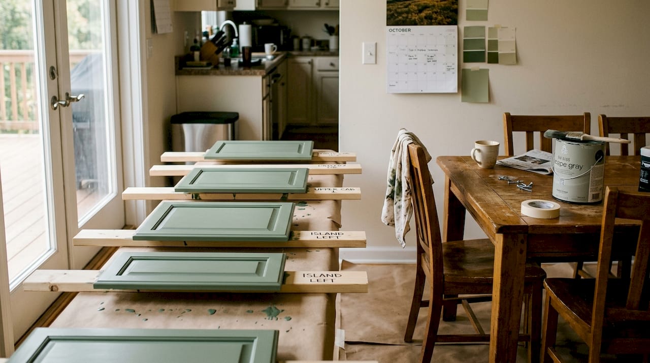 Cabinet doors drying after new paint applied