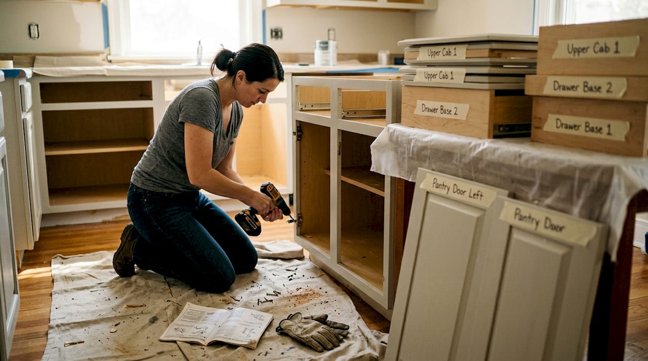 Person removing cabinet doors for refinishing