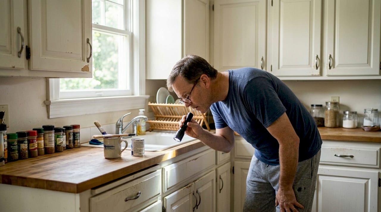 Homeowner inspecting worn kitchen cabinet door