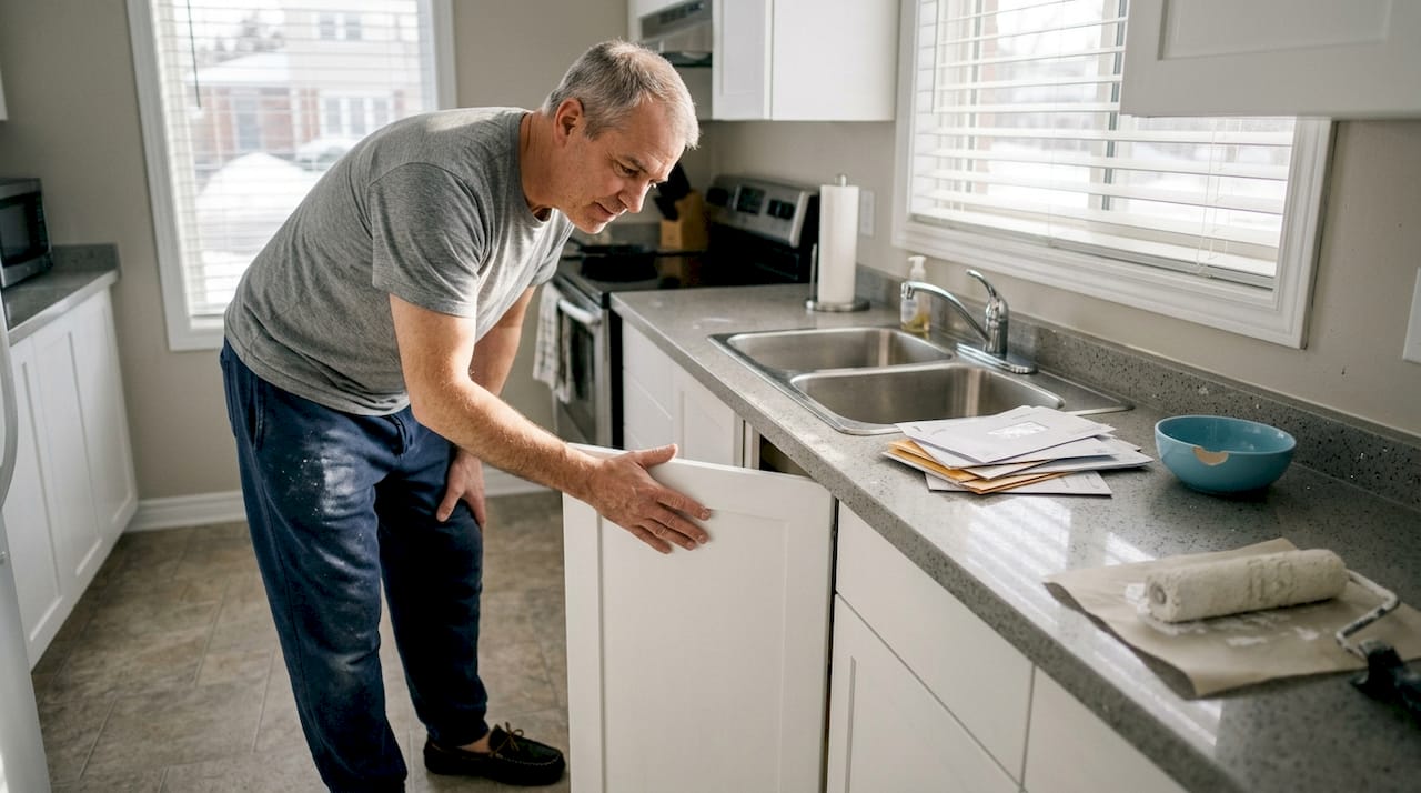 Newly painted kitchen cabinets being inspected