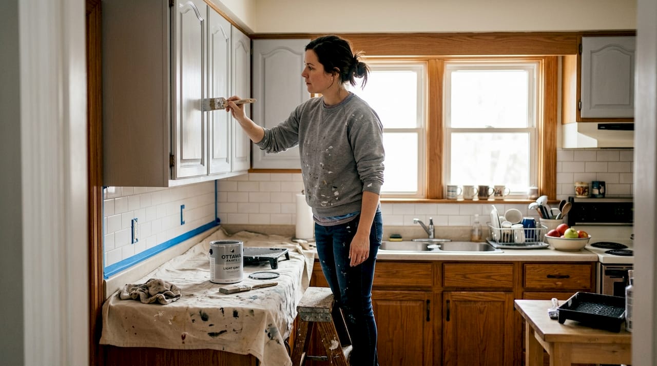 Homeowner painting kitchen cabinets in sunlight