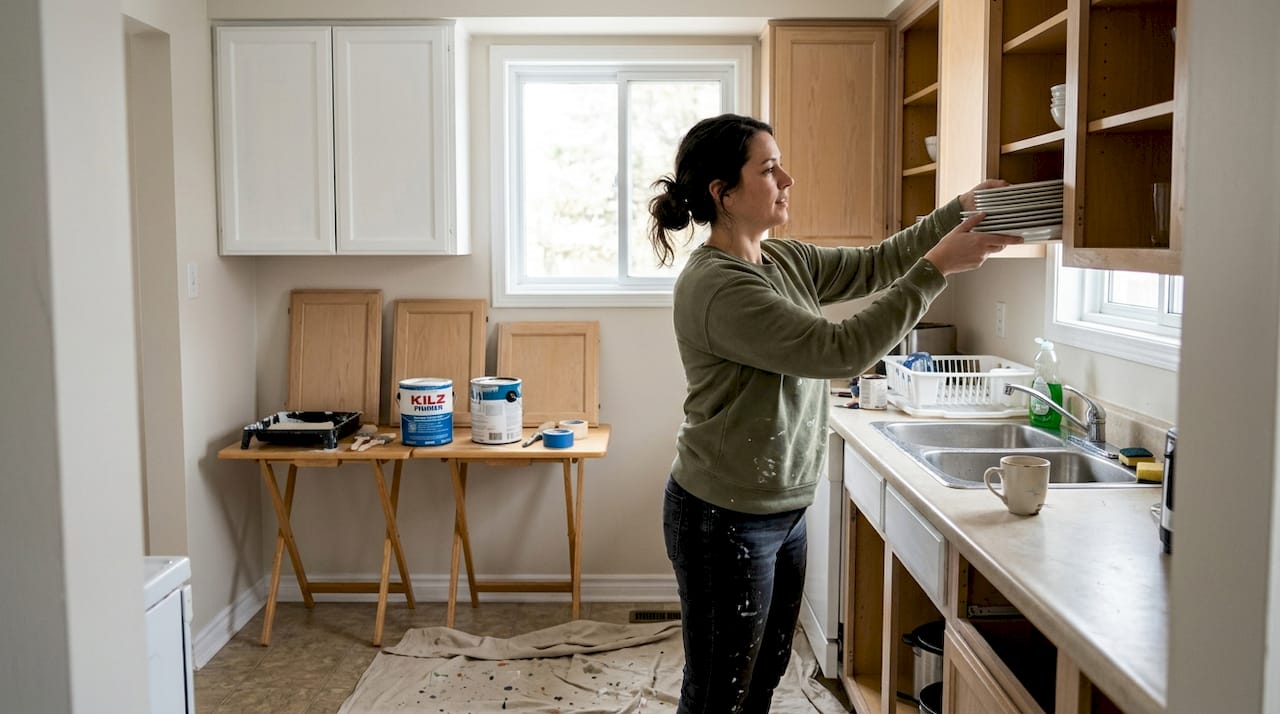 Ottawa homeowner using kitchen during cabinet repaint