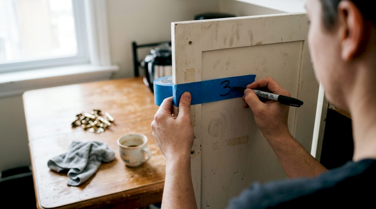 Hands labeling cabinet door for organized removal