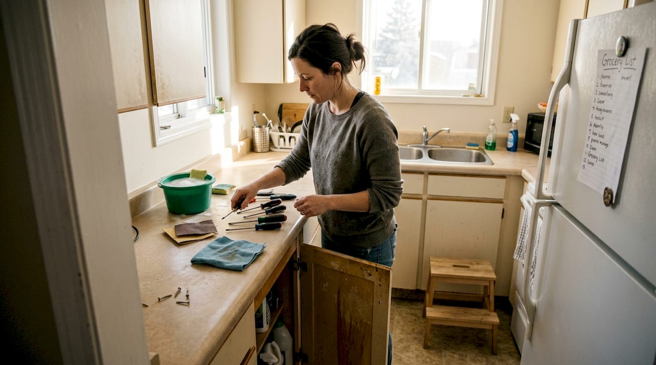 Homeowner preparing cabinet tools on kitchen counter