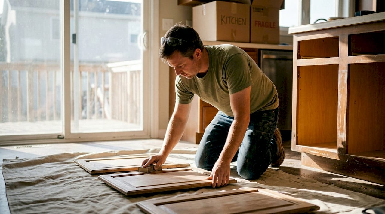 Professional sanding kitchen cabinets during refinishing