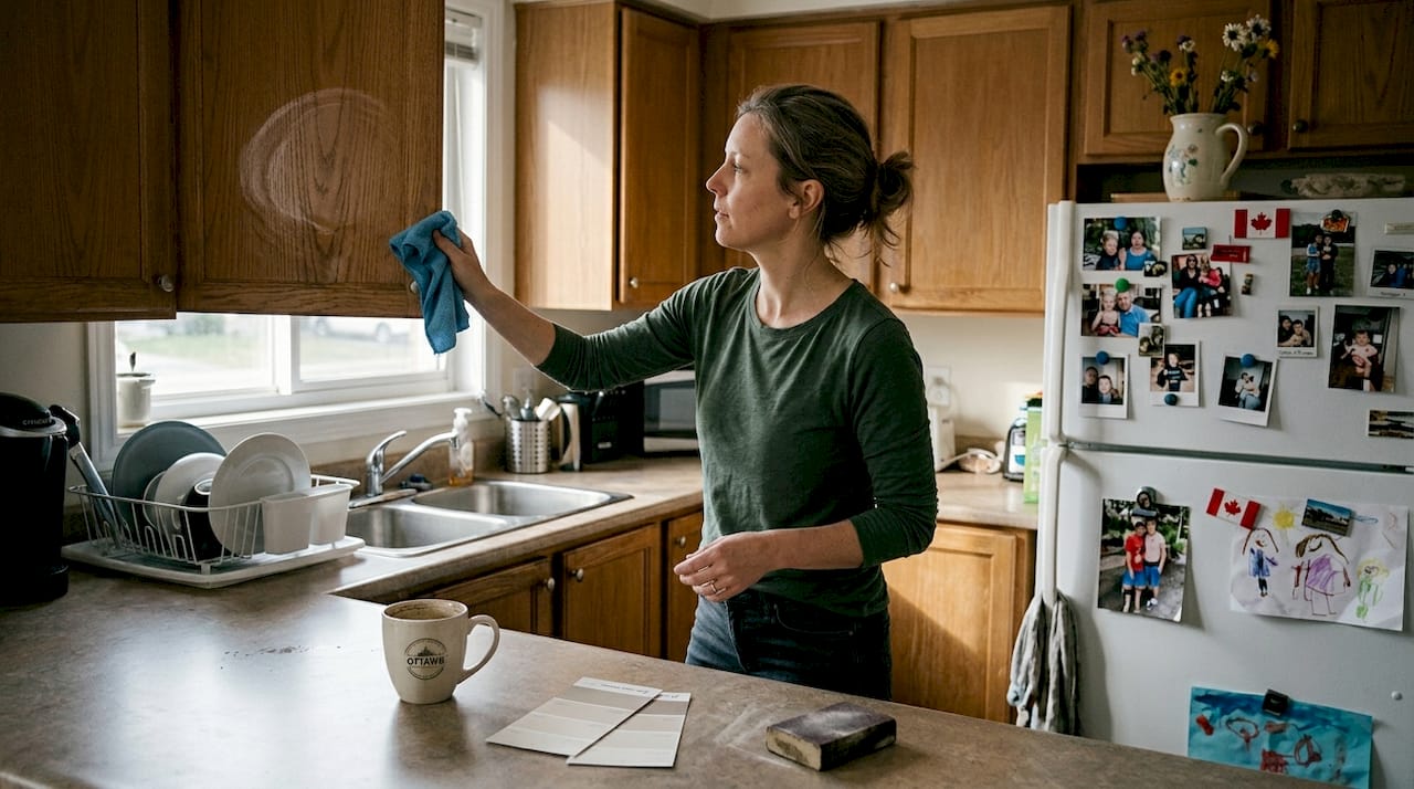 Homeowner cleaning kitchen cabinets for refinishing