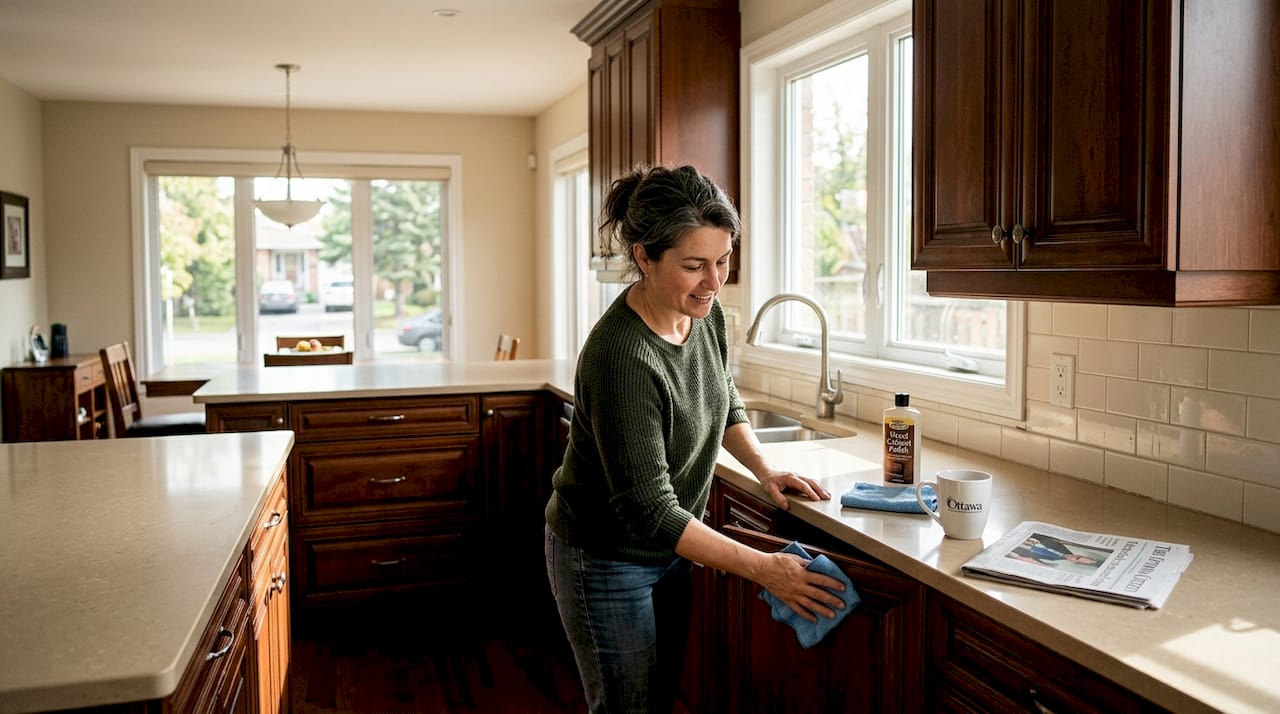 Person refinishing dark kitchen cabinets Ottawa