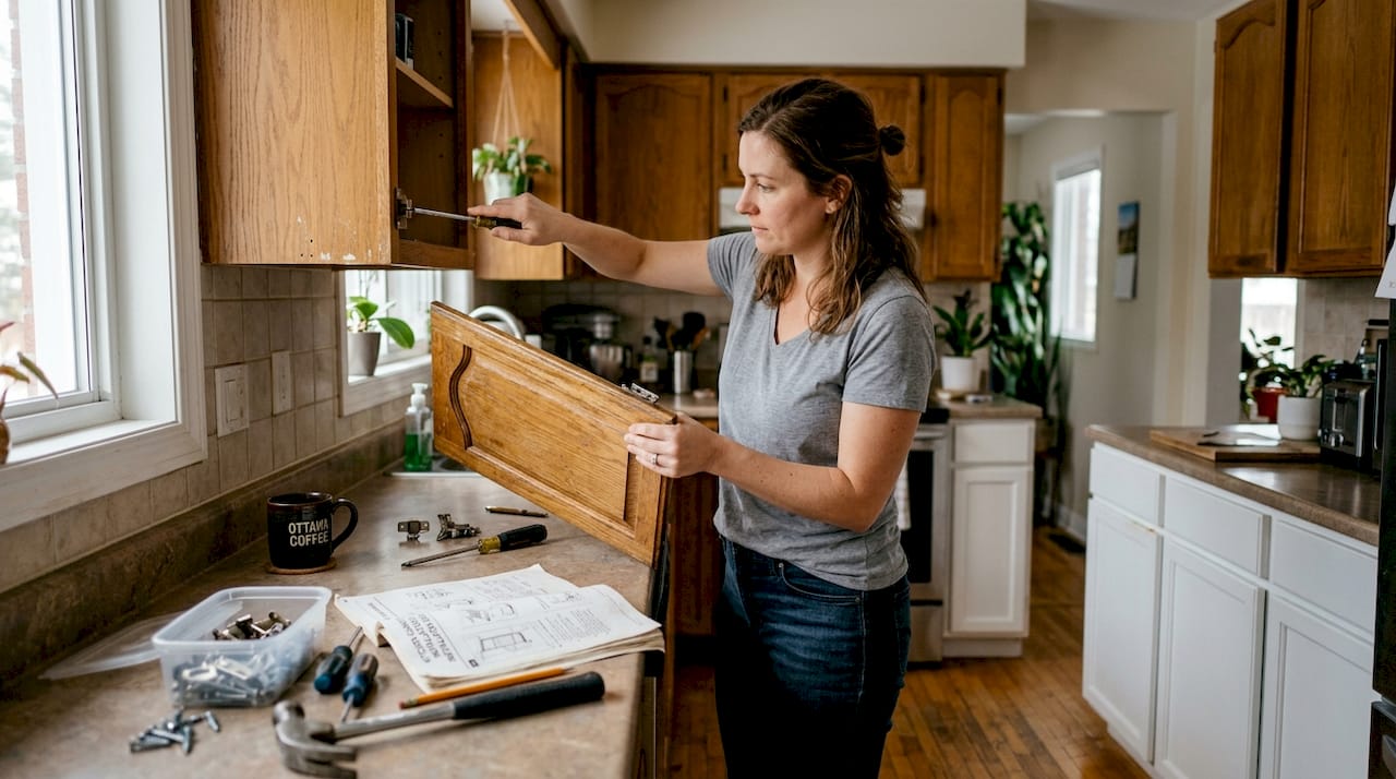 Homeowner refacing cabinet in Ottawa kitchen