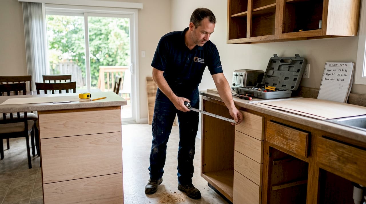 Contractor measures cabinets during refacing job