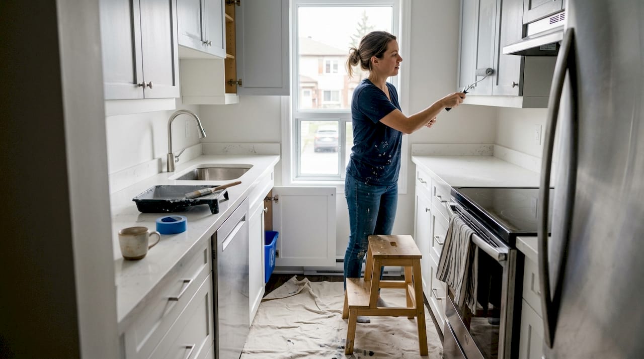 Woman painting cabinets in small Ottawa kitchen