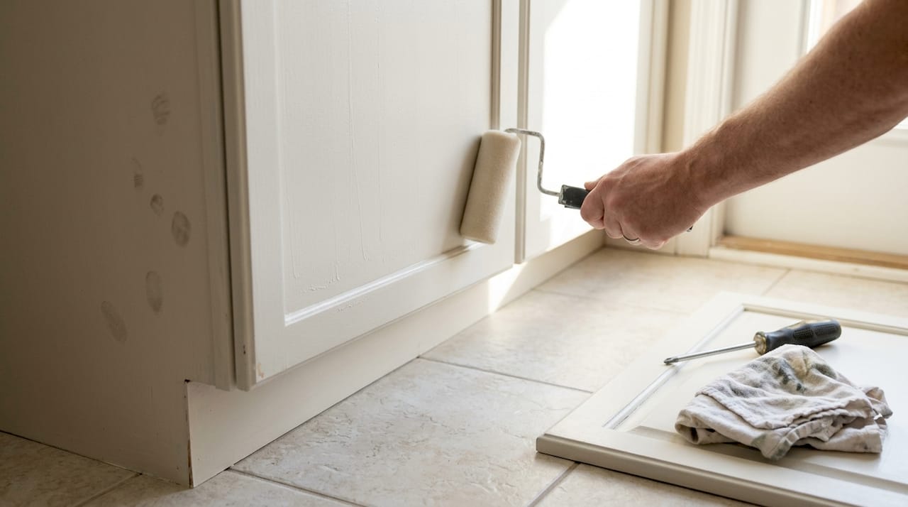 Hand painting off-white small kitchen cabinets
