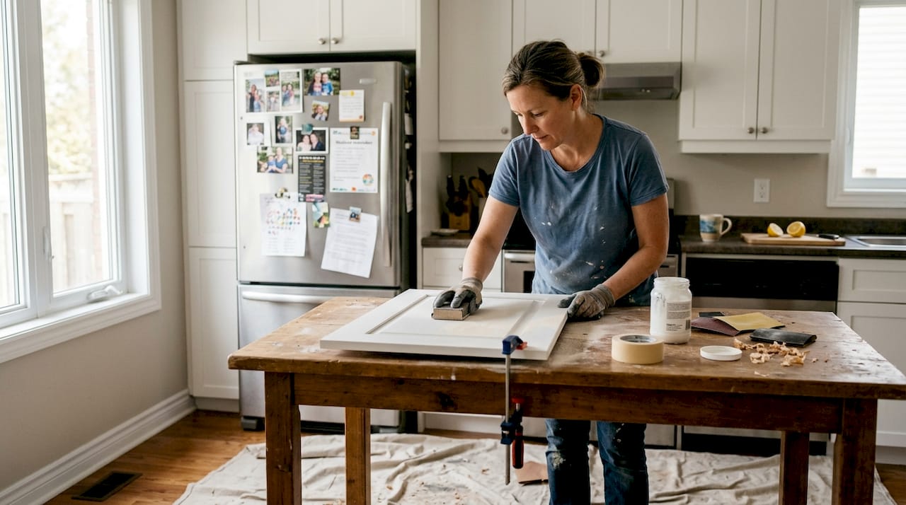 Ottawa homeowner sanding kitchen cabinet door