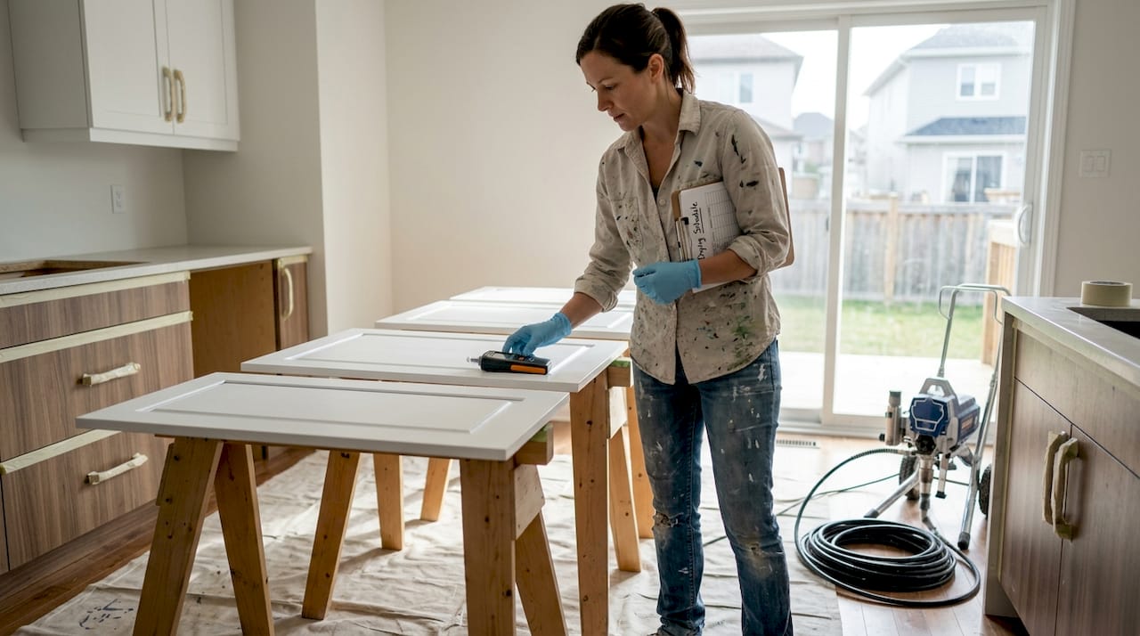 Professional checks humidity during cabinet refinishing