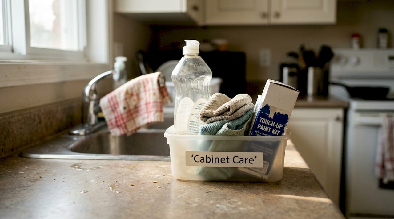 Bin of tools and cleaning supplies for cabinet care