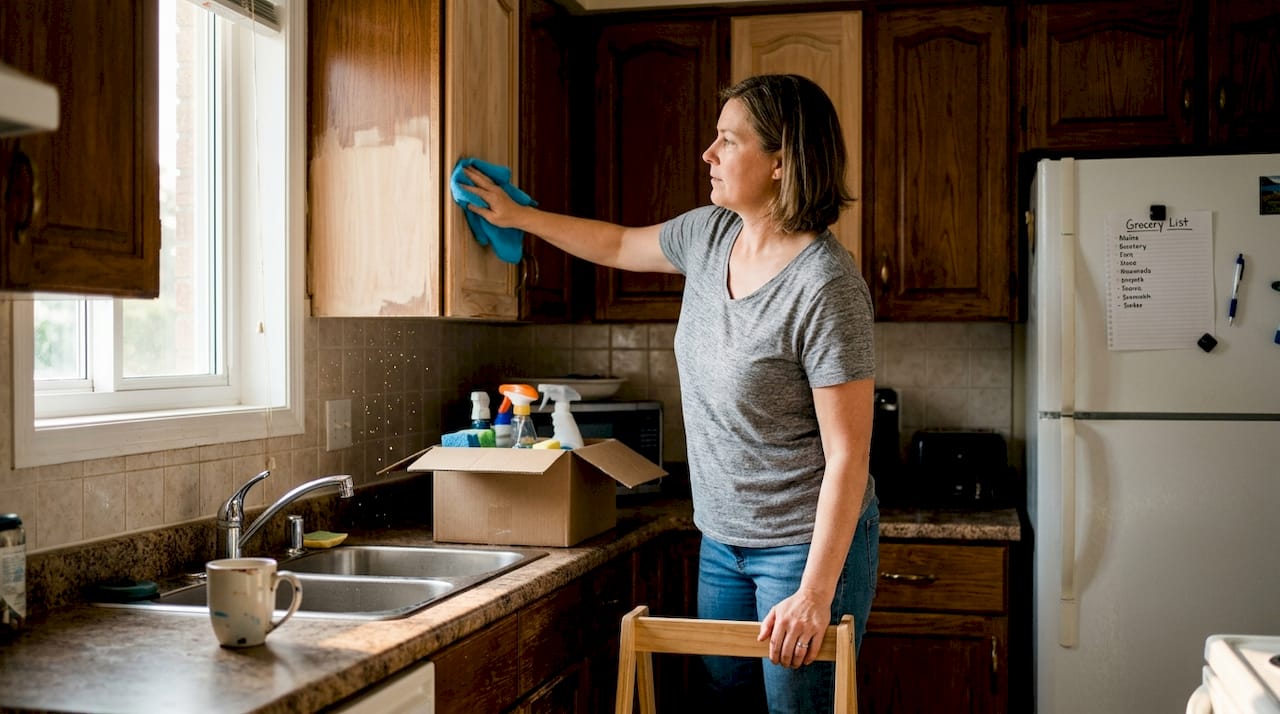 Homeowner cleaning cabinets before refinishing