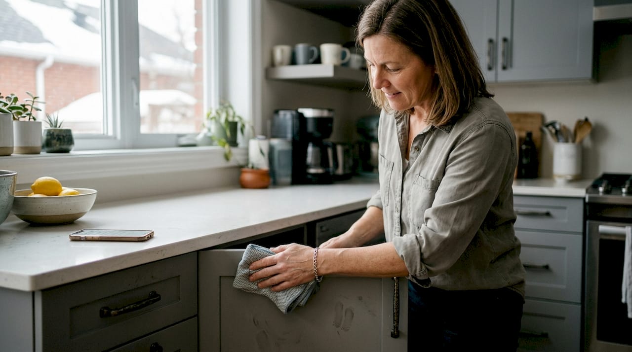 Woman cleaning modern gray kitchen cabinets