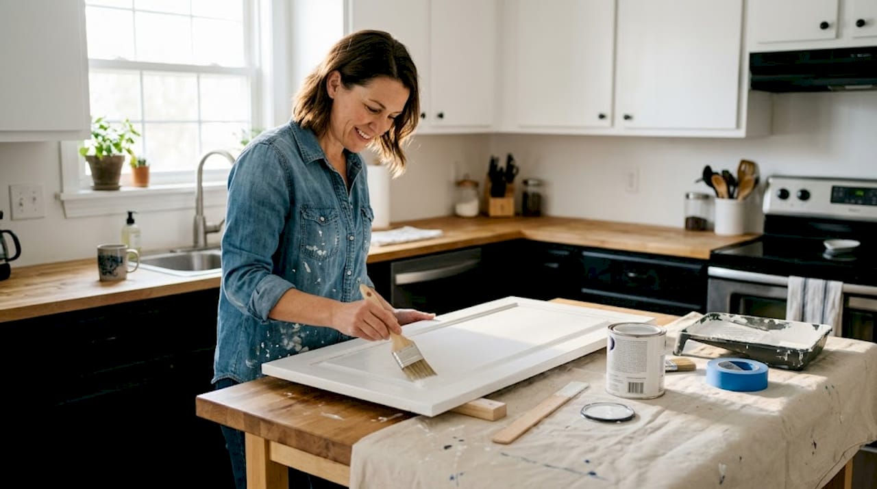 Homeowner painting black kitchen cabinets at worktable