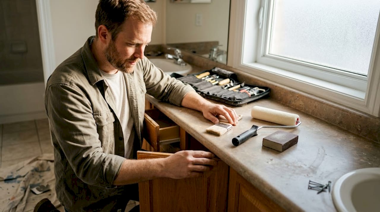 Handyman arranging cabinet painting tools