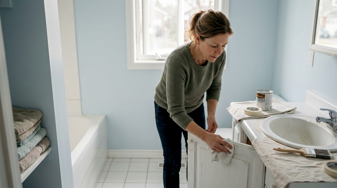 Homeowner prepping bathroom cabinets for painting