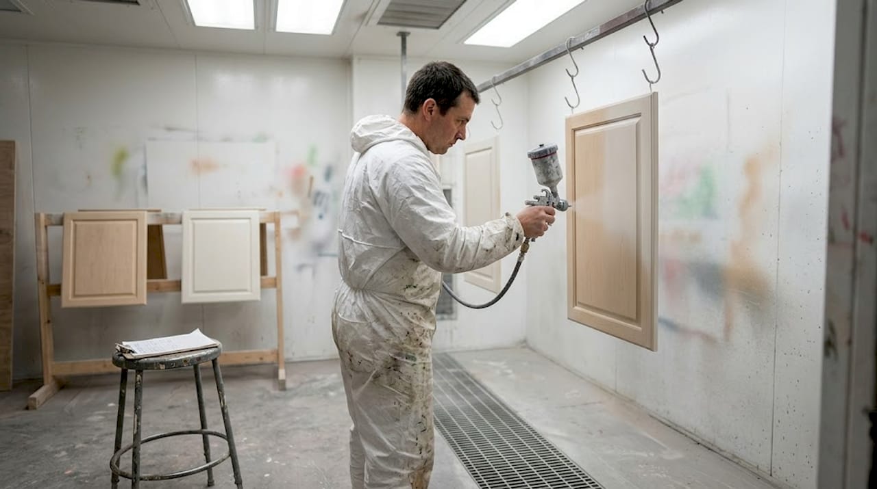 Cabinet door sprayed in professional paint booth