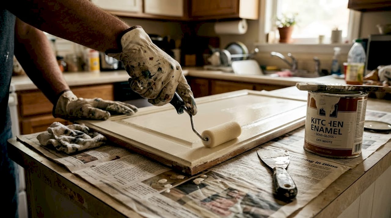 Close-up rolling thin enamel coat on cabinet
