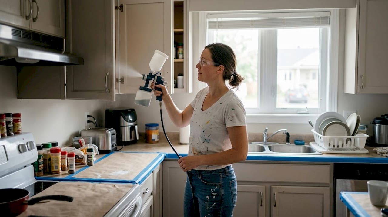 Homeowner spraying kitchen cabinets with HVLP sprayer