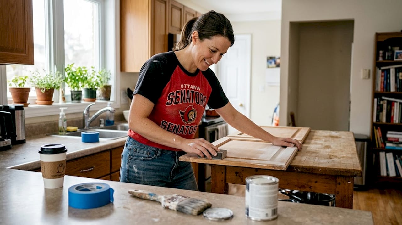 Homeowner refinishing kitchen cabinet door in Ottawa kitchen