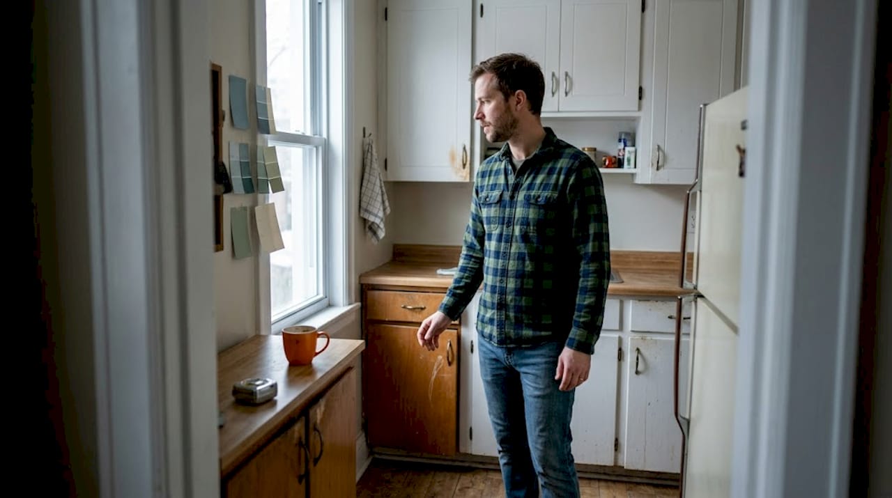 Man checking paint samples in dim Ottawa kitchen