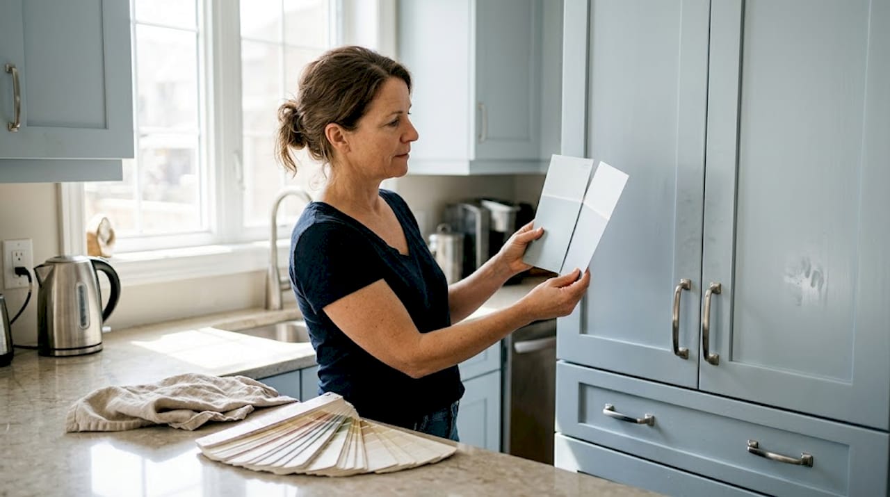 Homeowner holding cabinet color samples in Ottawa kitchen