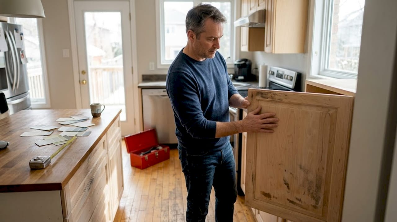 Homeowner assessing Ottawa kitchen cabinet staining