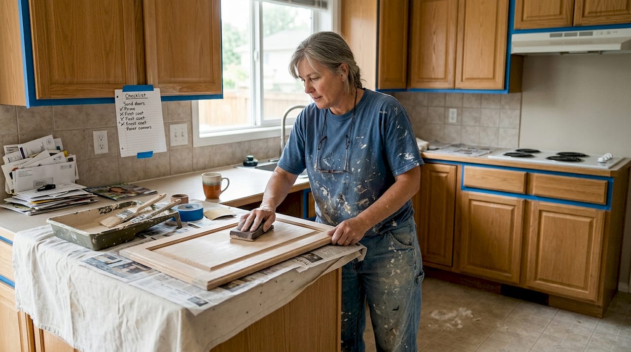 Painter preparing kitchen cabinet for refinishing