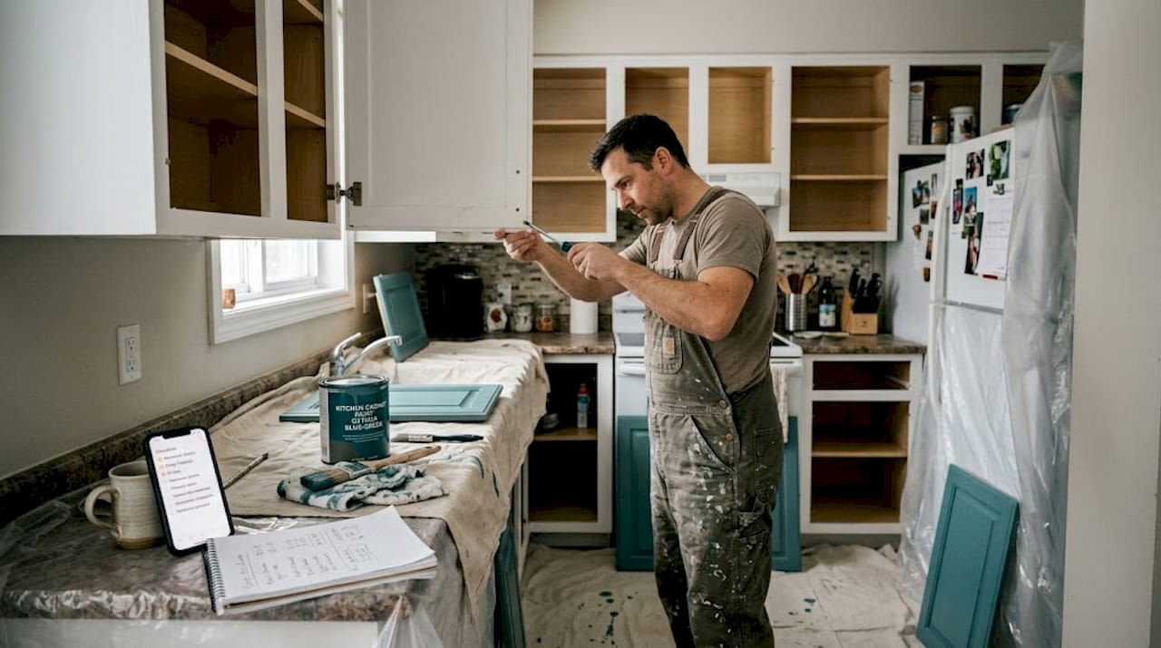 Contractor repainting cabinets during Ottawa renovation
