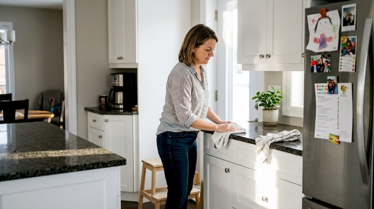 Homeowner cleaning white cabinets in bright kitchen