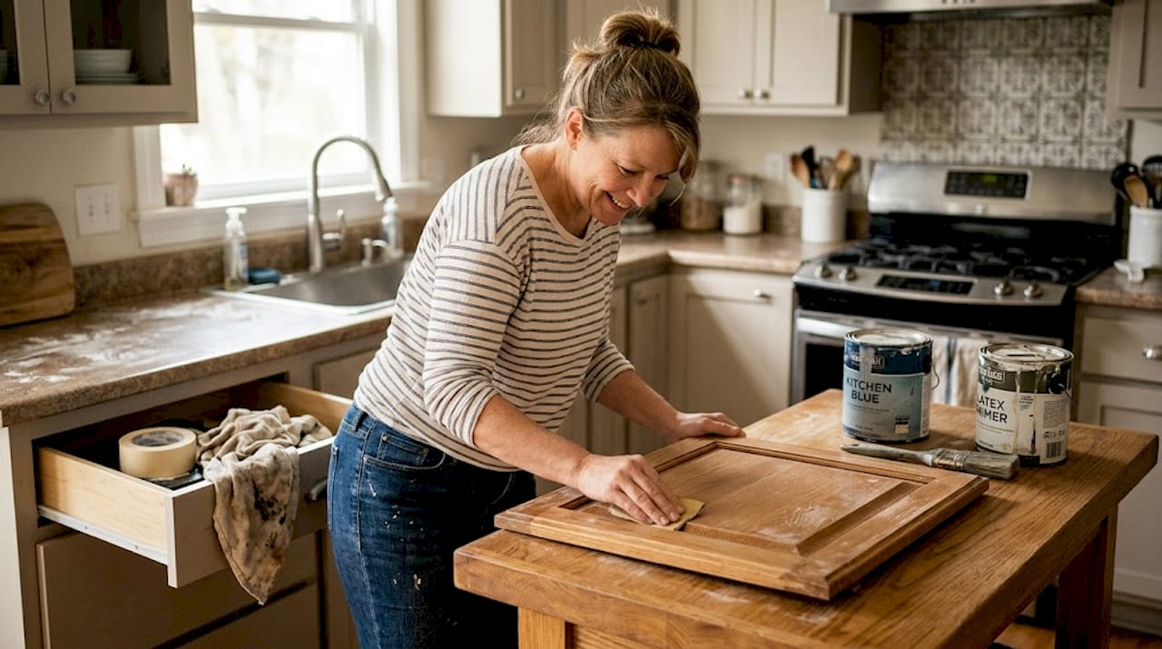 Woman sanding kitchen cabinet door