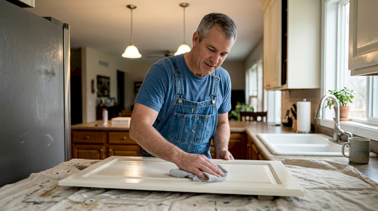 Man testing cabinet paint finish durability