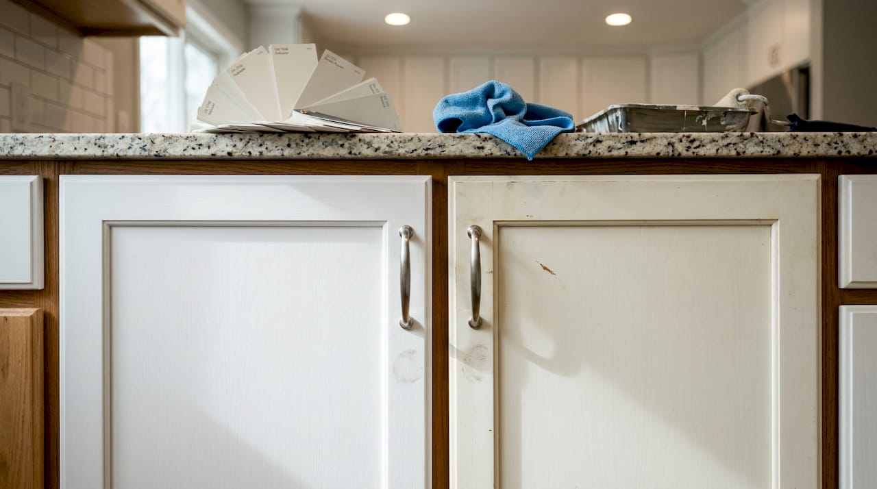 Aged cabinet paint compared with new finish